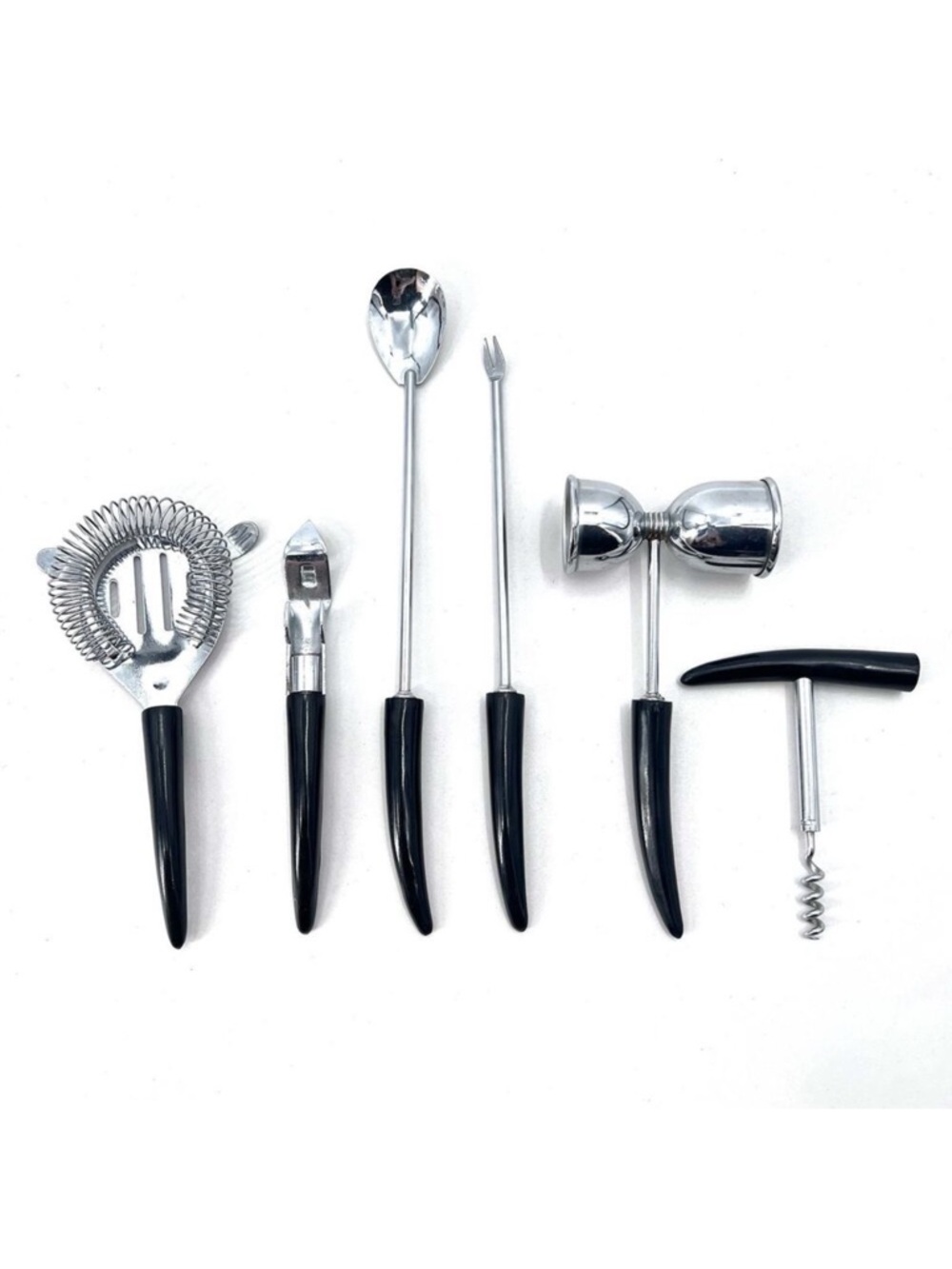 Vintage 6 pc Silver Metal & Black Handled Cocktail Bar Tools Set Lot - Japan